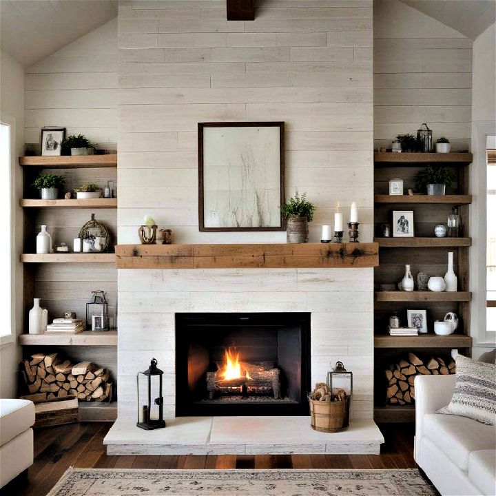 eco friendly shiplap fireplace with reclaimed wood mantel