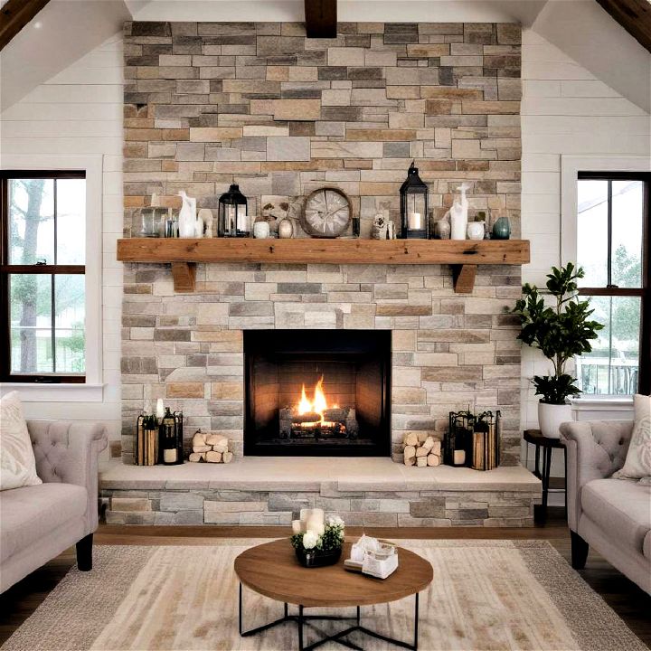 elegance shiplap and stone blend fireplace