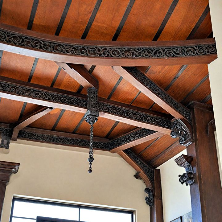elegant ceiling beams with ornamental ironwork