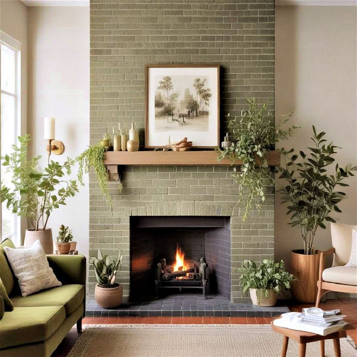 elegant olive green painted brick fireplace