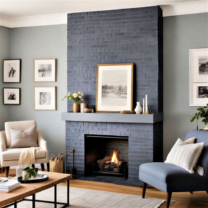 elegant slate blue painted brick fireplace