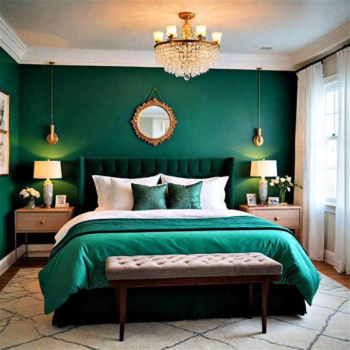 elevate an emerald green bedroom with ambient lighting