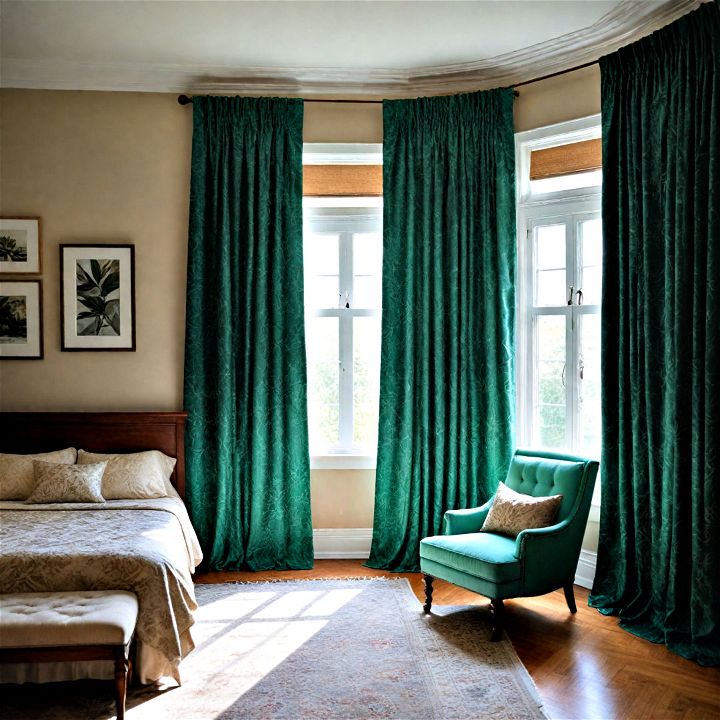 emerald green curtains to infuse color and texture to your bedroom