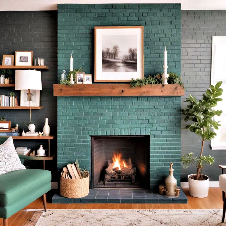 emerald green painted brick fireplace