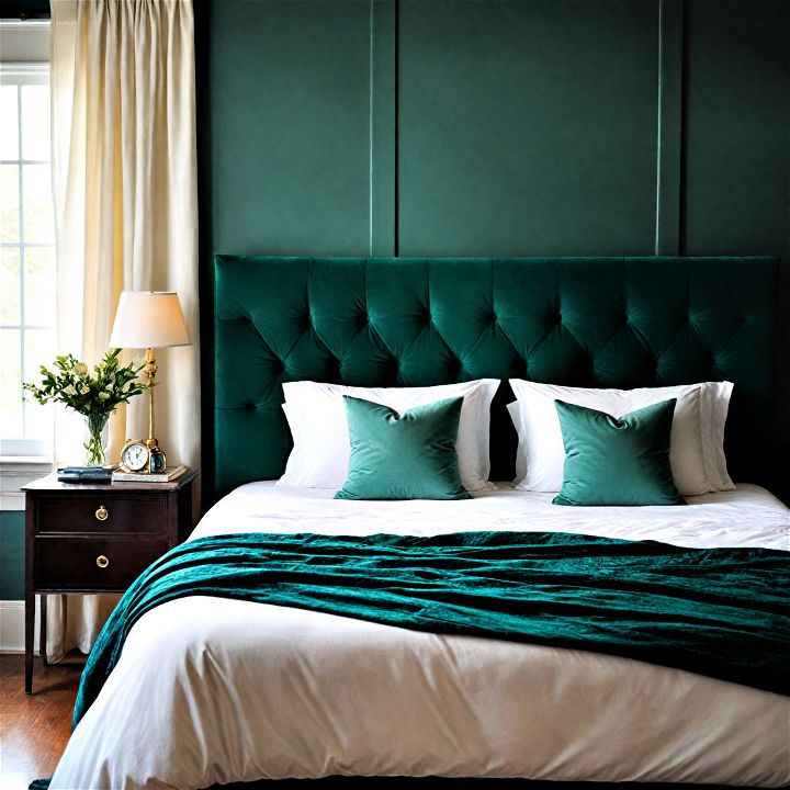 emerald green velvet headboard for a high end bedroom look