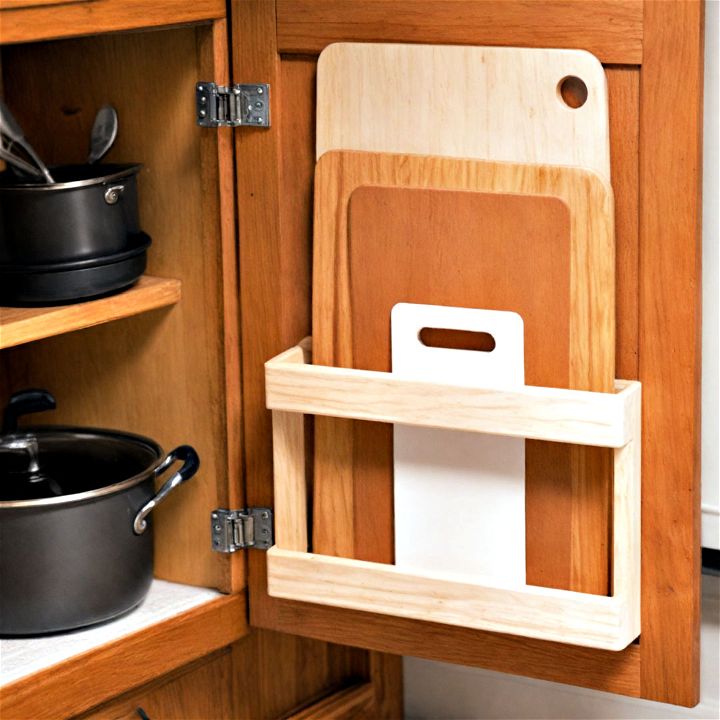 employ vertical storage in a kitchen cabinet for cutting boards