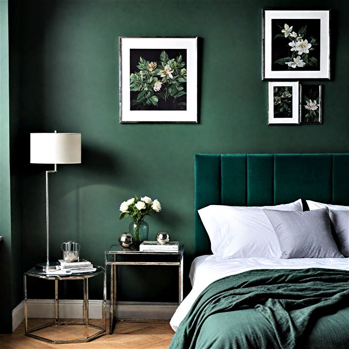 enhance a dark green bedroom with sleek modern metal accents