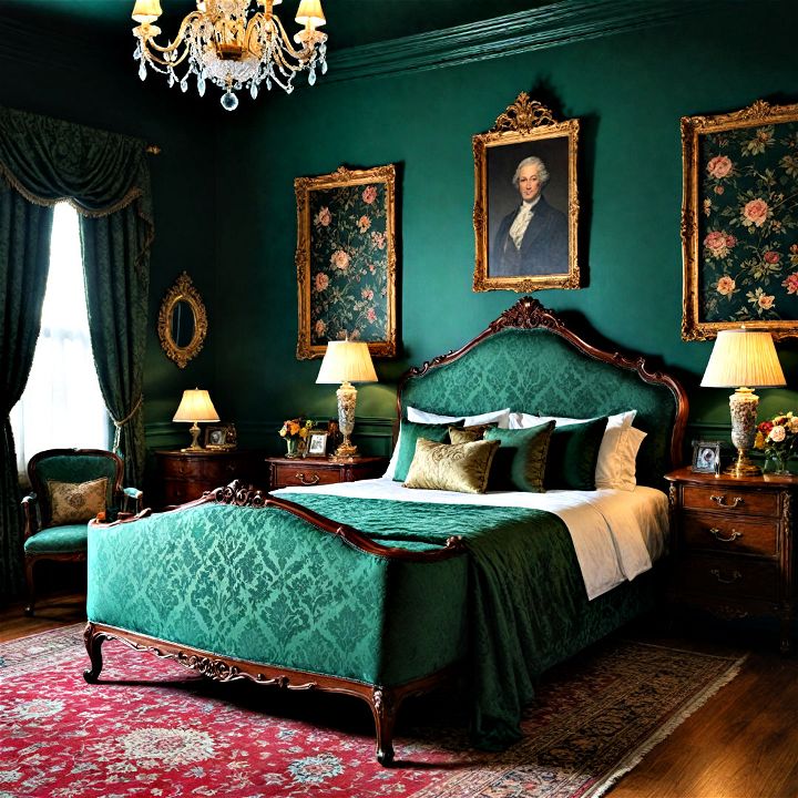 enhance the regal vibe of a dark green bedroom with vintage glamour