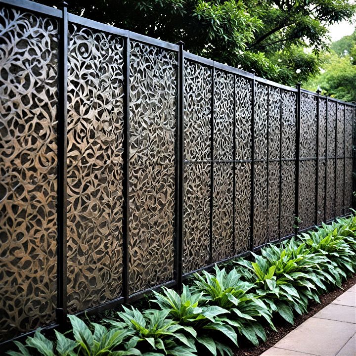 etched metal fence panels provide an artistic touch to your front yard