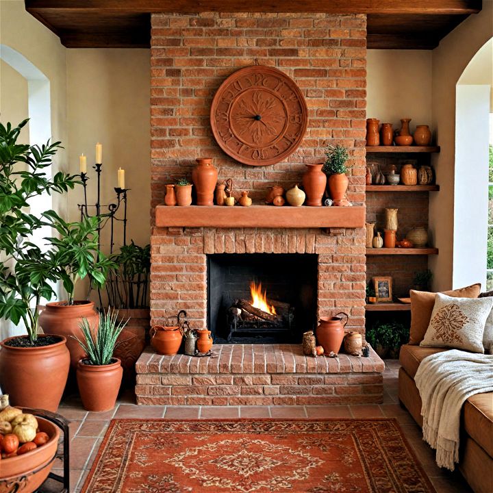 evoke a cozy rustic fireplace atmosphere with terracotta accents