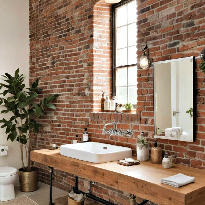 exposed brick walls rustic bathroom