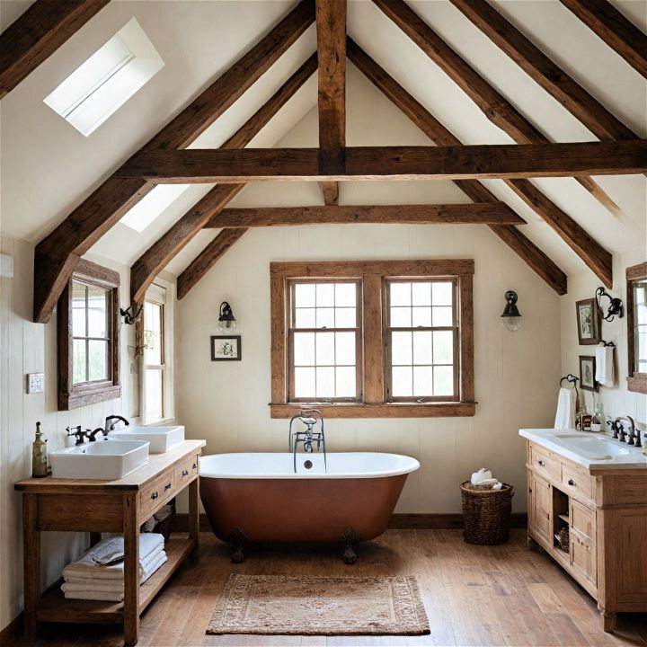 exposed wooden beams for farmhouse bathroom