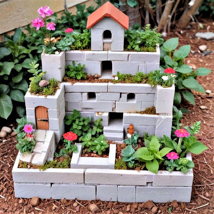 fairy garden built from cinder blocks