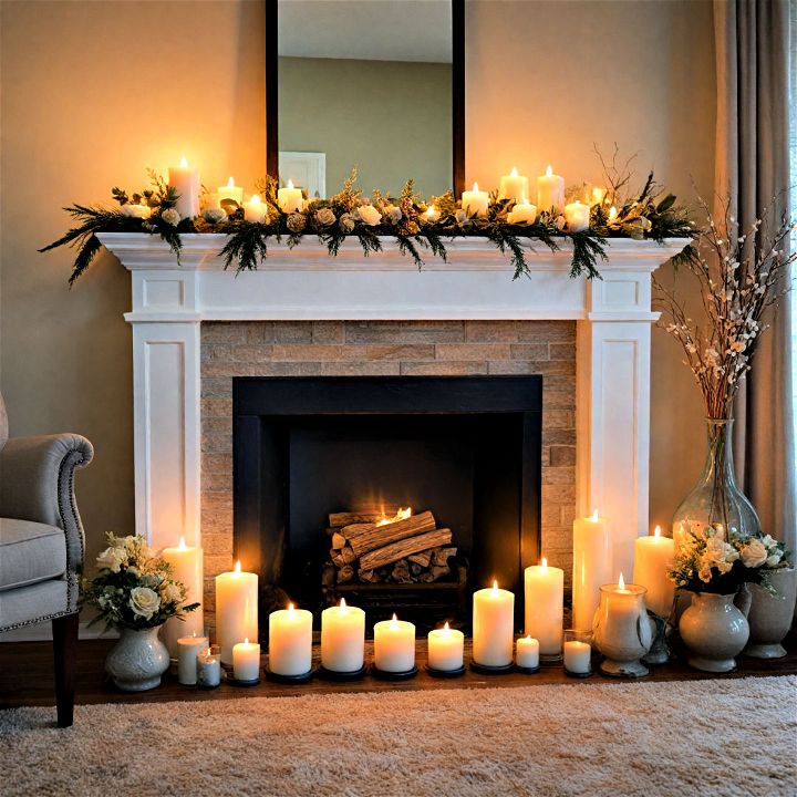 fireplace candle arrangement for creating soft welcoming glow