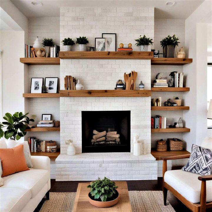 floating shelves for fireplace storage and display