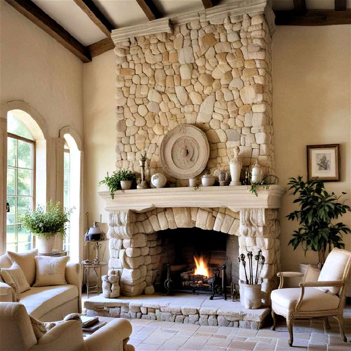 french country stone fireplace