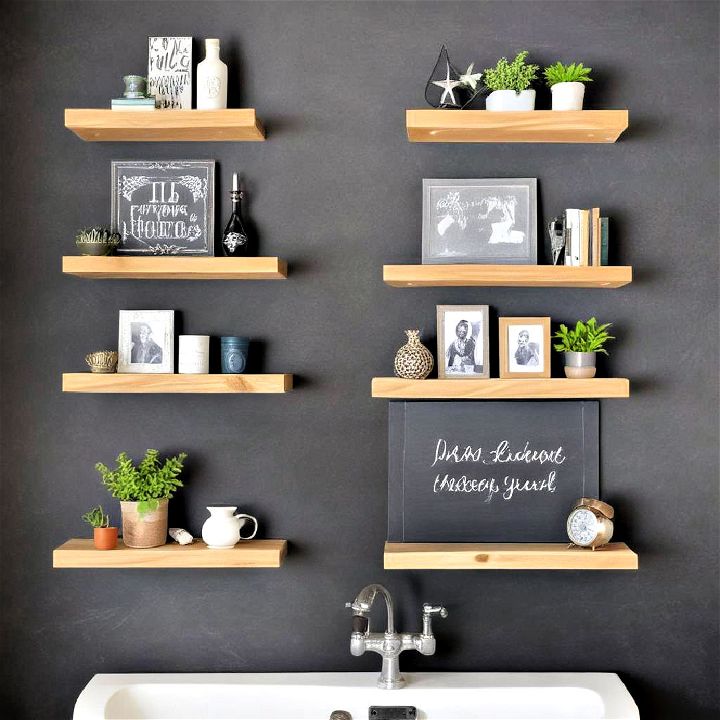 fun floating shelves with chalkboard panels