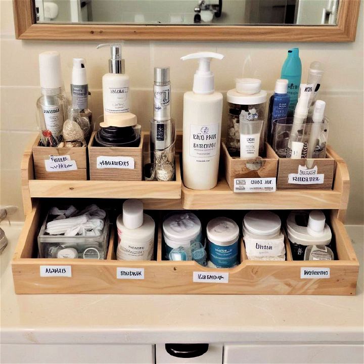 functionality labeling for bathroom counter organizers