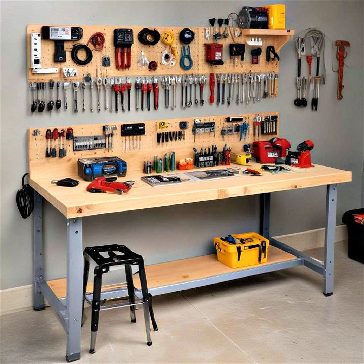 garage workbench with integrated power strips