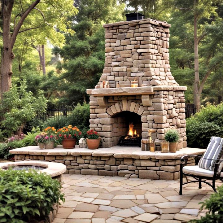garden oasis with a stone fireplace