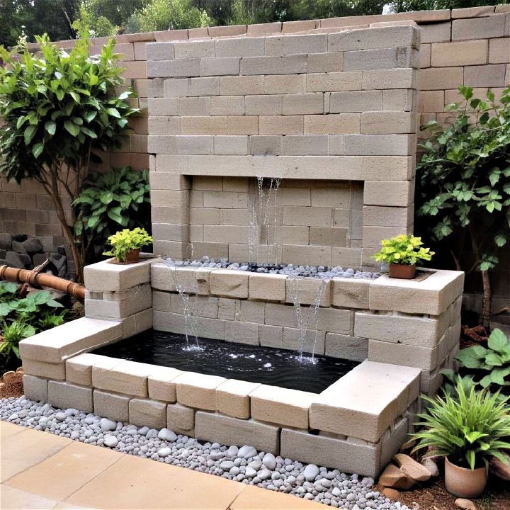 garden with a cinder block water feature