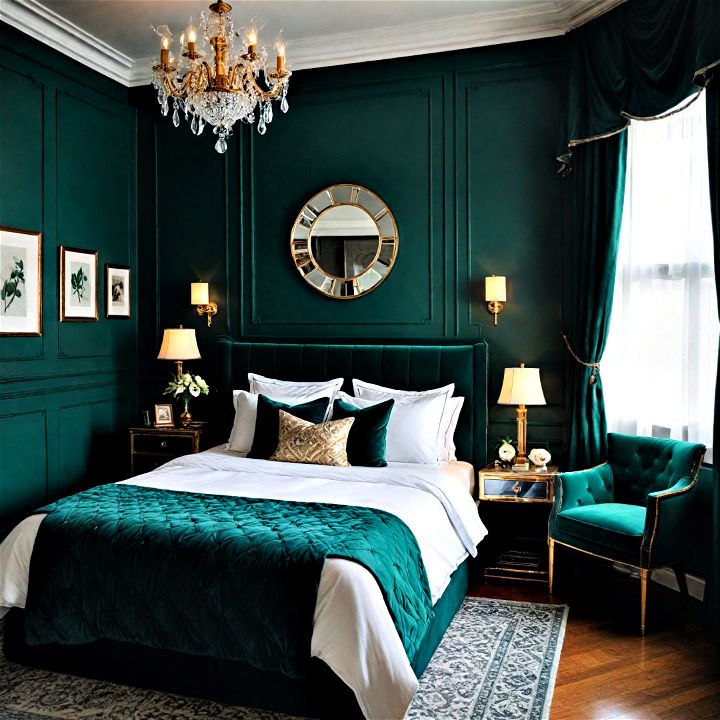 glamorous and timeless art deco inspired dark green bedroom