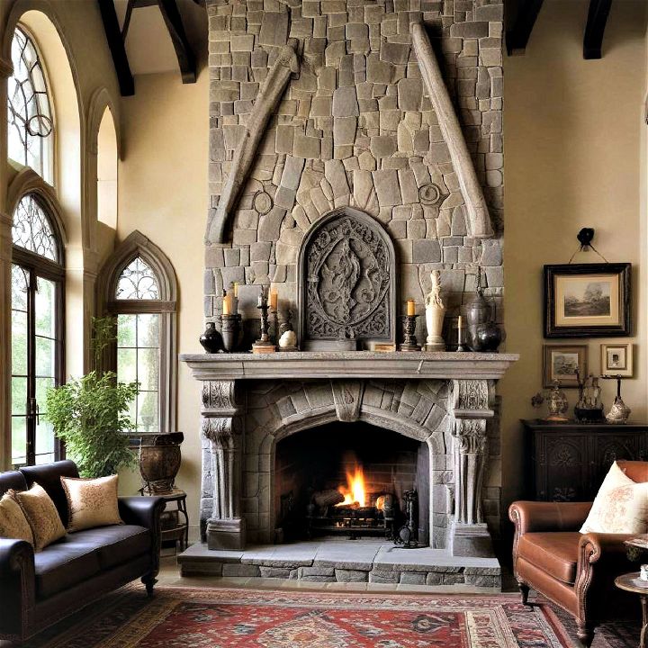 gothic revival stone fireplace