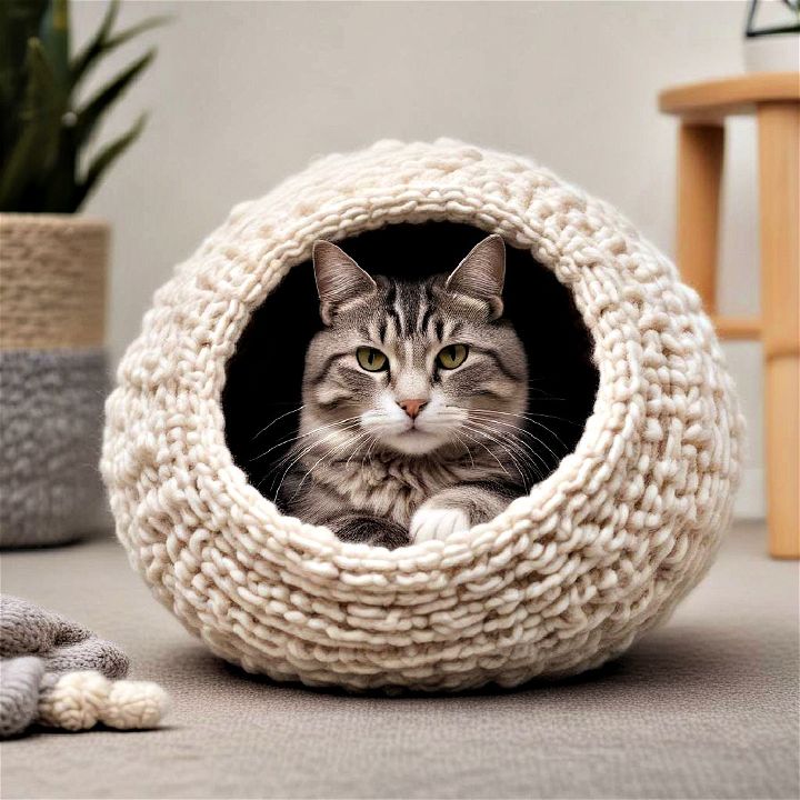 hand knitted cat cocoon for relaxation