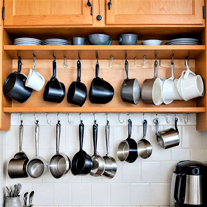 hang hooks for mugs and utensils to free up shelf space