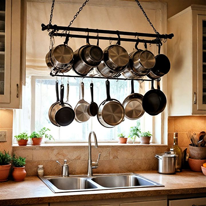 hanging pot rack to maximize vertical kitchen space