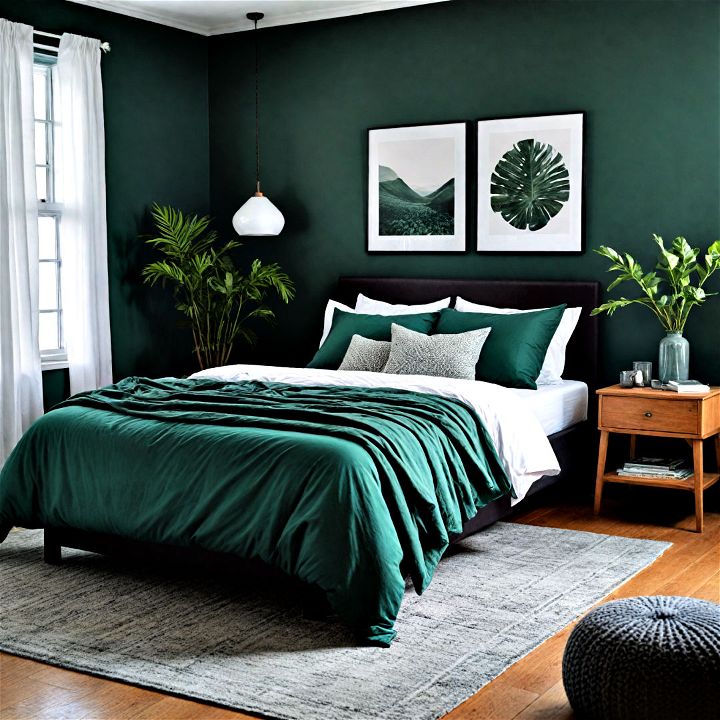 harmonious modern monochrome color scheme for a dark green bedroom
