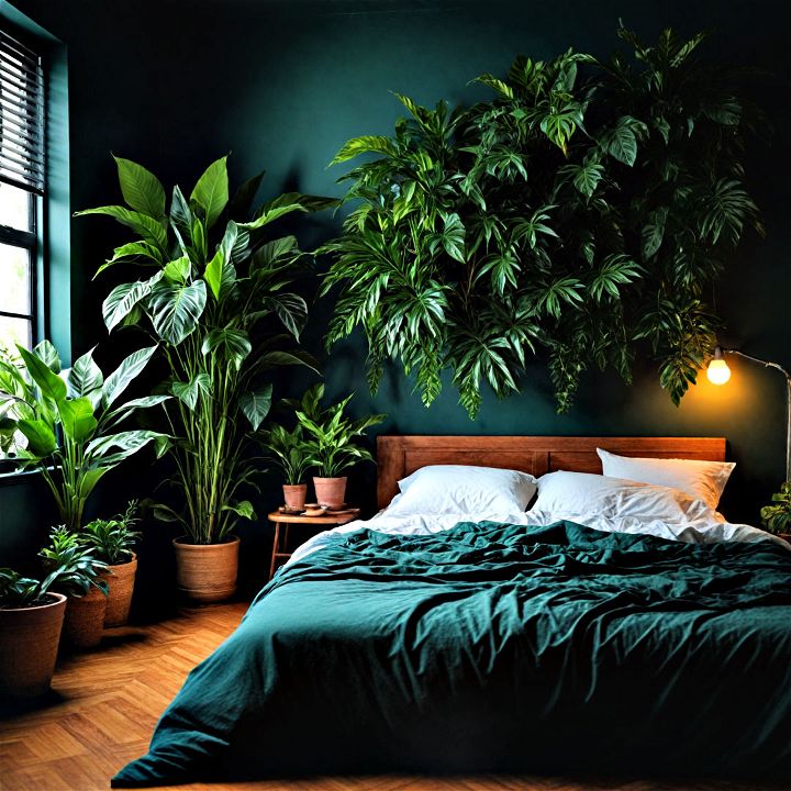 incorporate houseplants to bring urban jungle vibe to dark green bedroom