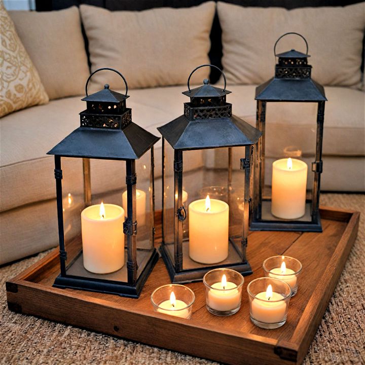 incorporate lanterns to add warmth to your coffee table