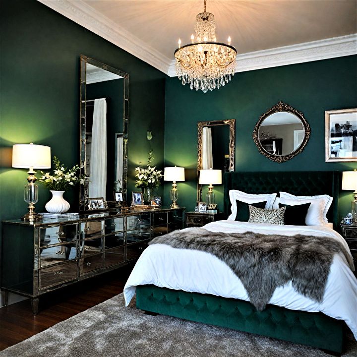 incorporate mirrors to magnify the elegance of dark green bedroom