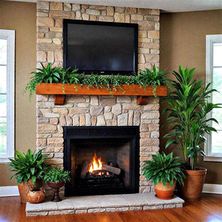 incorporate plants to add vibrancy and life to fireplace