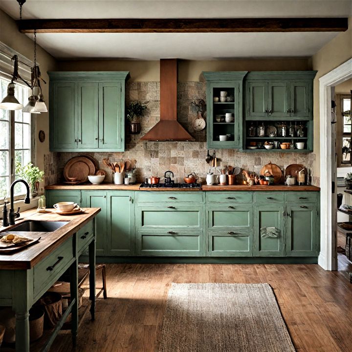 incorporate sage green into a rustic kitchen design to enhance its appeal