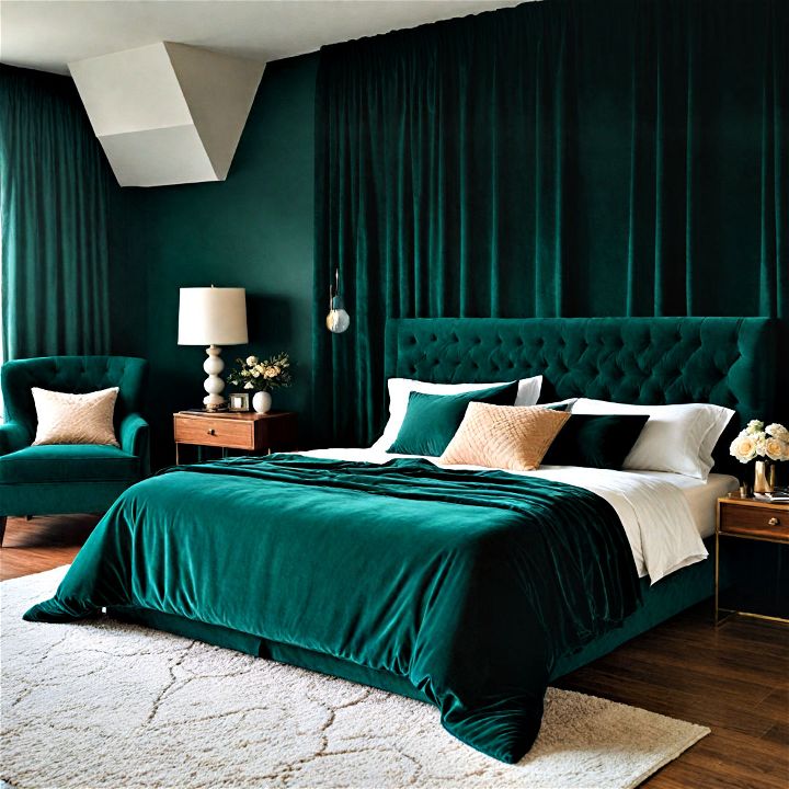 incorporate velvet textiles to elevate your dark green bedroom s luxury