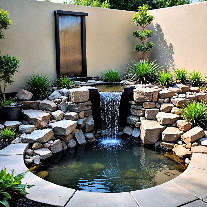 industrial chic stylish pond with metal waterfall