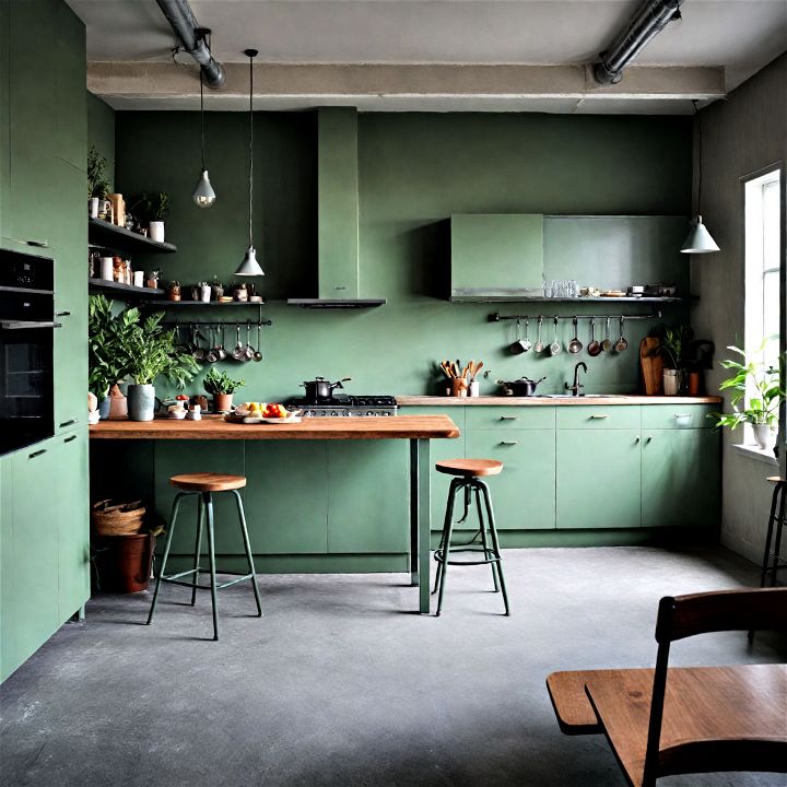 industrial style sage green kitchen to add a splash of warmth