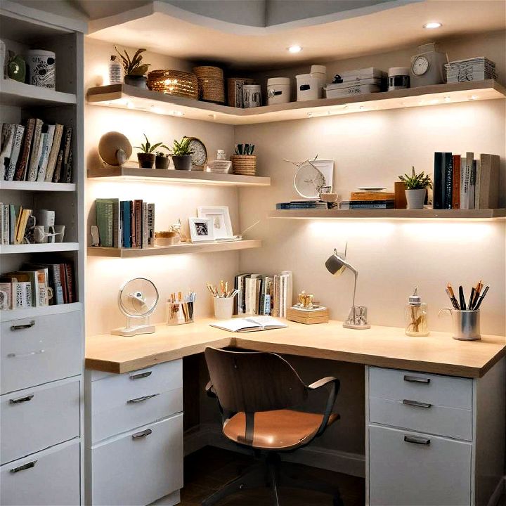 install under shelf lighting to brighten up your workspace