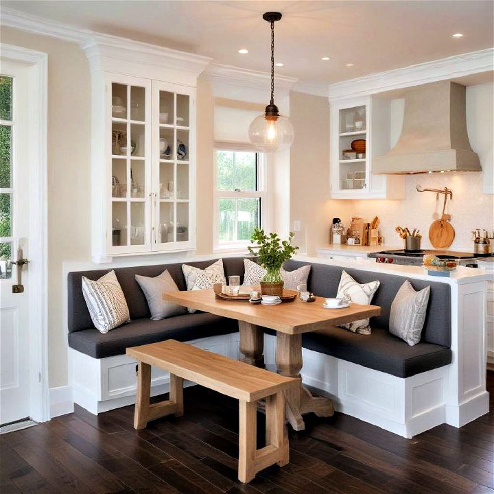 integrate a bench seating for a cozy efficient use of open kitchen space