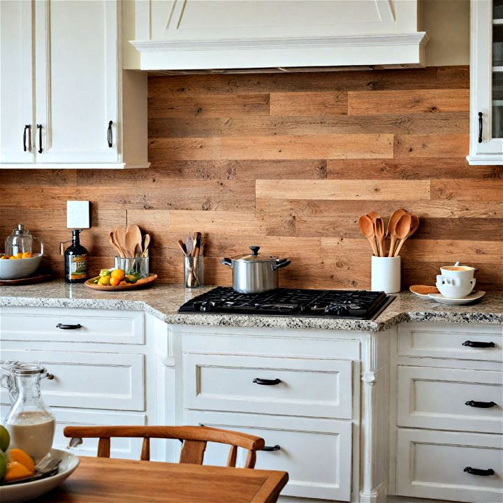 interlocking wooden planks for rustic kitchen backsplash