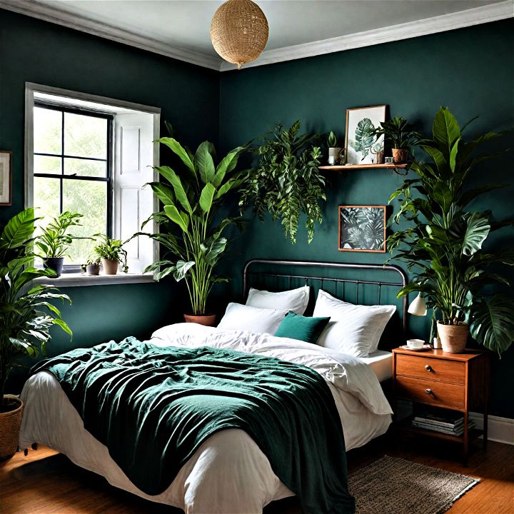 introduce plants into your dark green bedroom for a serene natural vibe