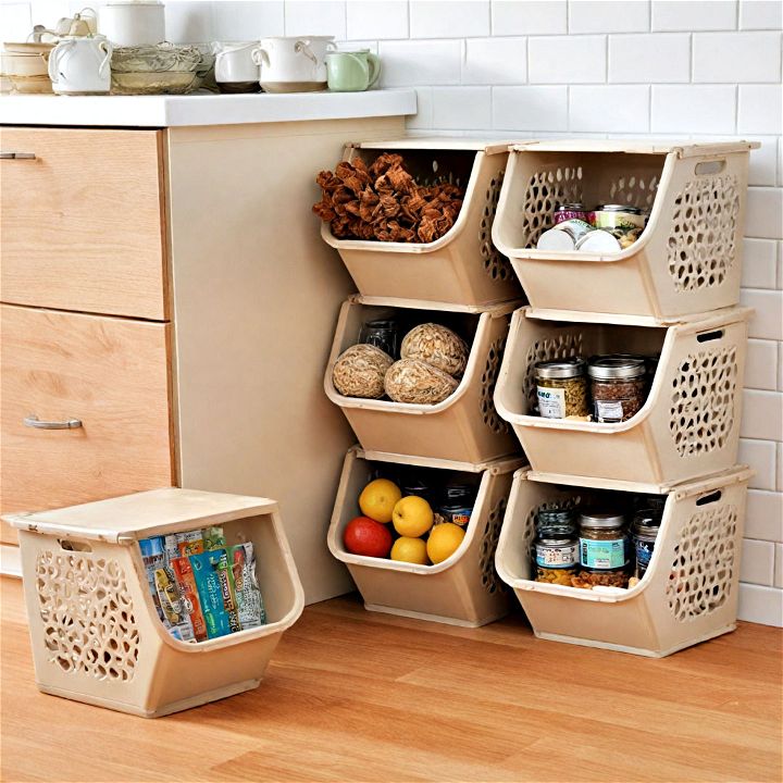 invest in stackable storage to maximize cabinet and pantry space