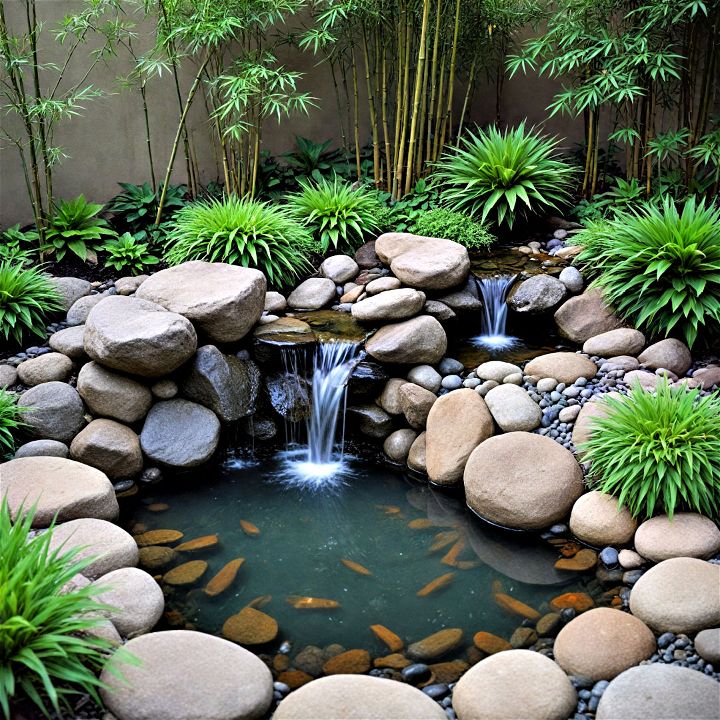 japanese inspired pond with bamboo waterfall