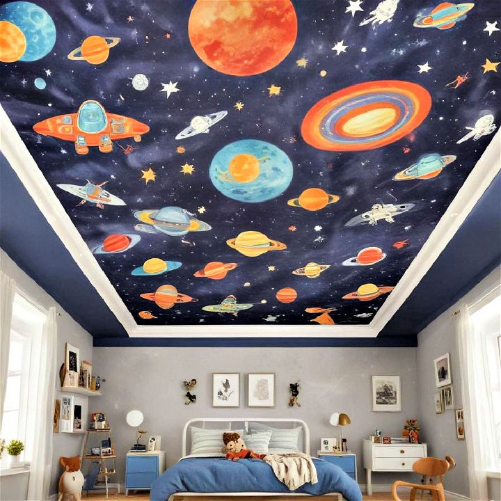 kids’ outer space adventure ceiling wallpaper