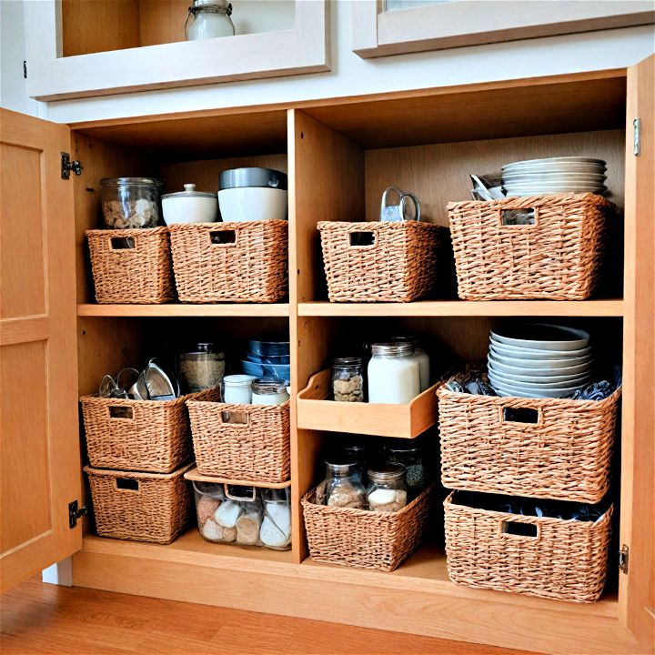 kitchen cabinet basket storage to add an organized aesthetic appeal