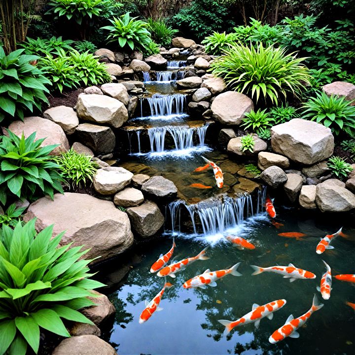 koi pond with a tiered waterfall for for any garden