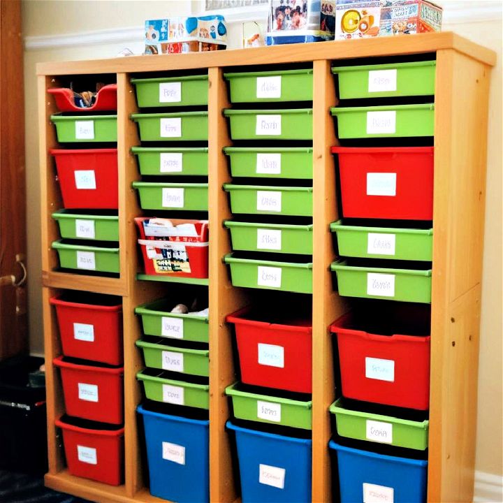 labeled drawers for playroom storage