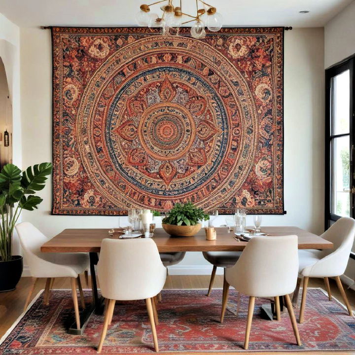 large tapestry dining room accent wall